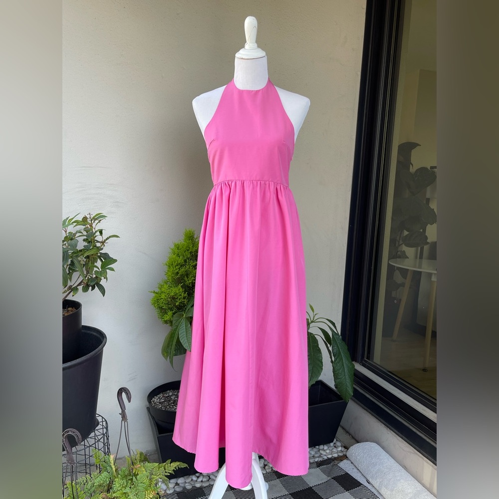 Zara Maxi Backless Fit and Flare Dress with Neck Ties in Hot Pink Color, size S